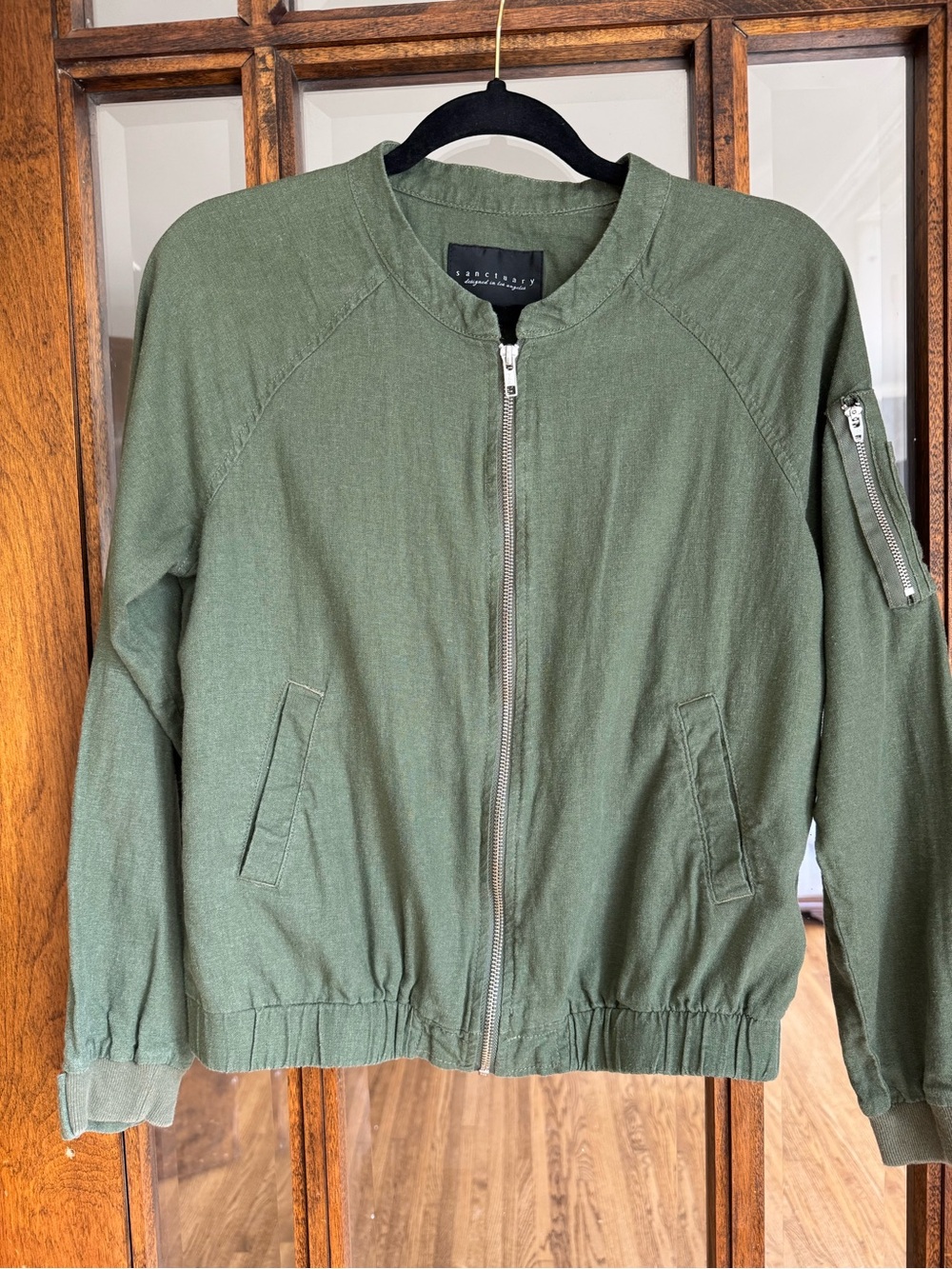 Sanctuary Linen Blend Bomber Jacket | Olive Green | Size Small